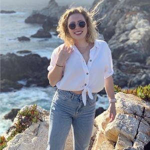 TOPSHOP Off White Button Up Crop Top Wit Elastic Waist and Tie Size 6